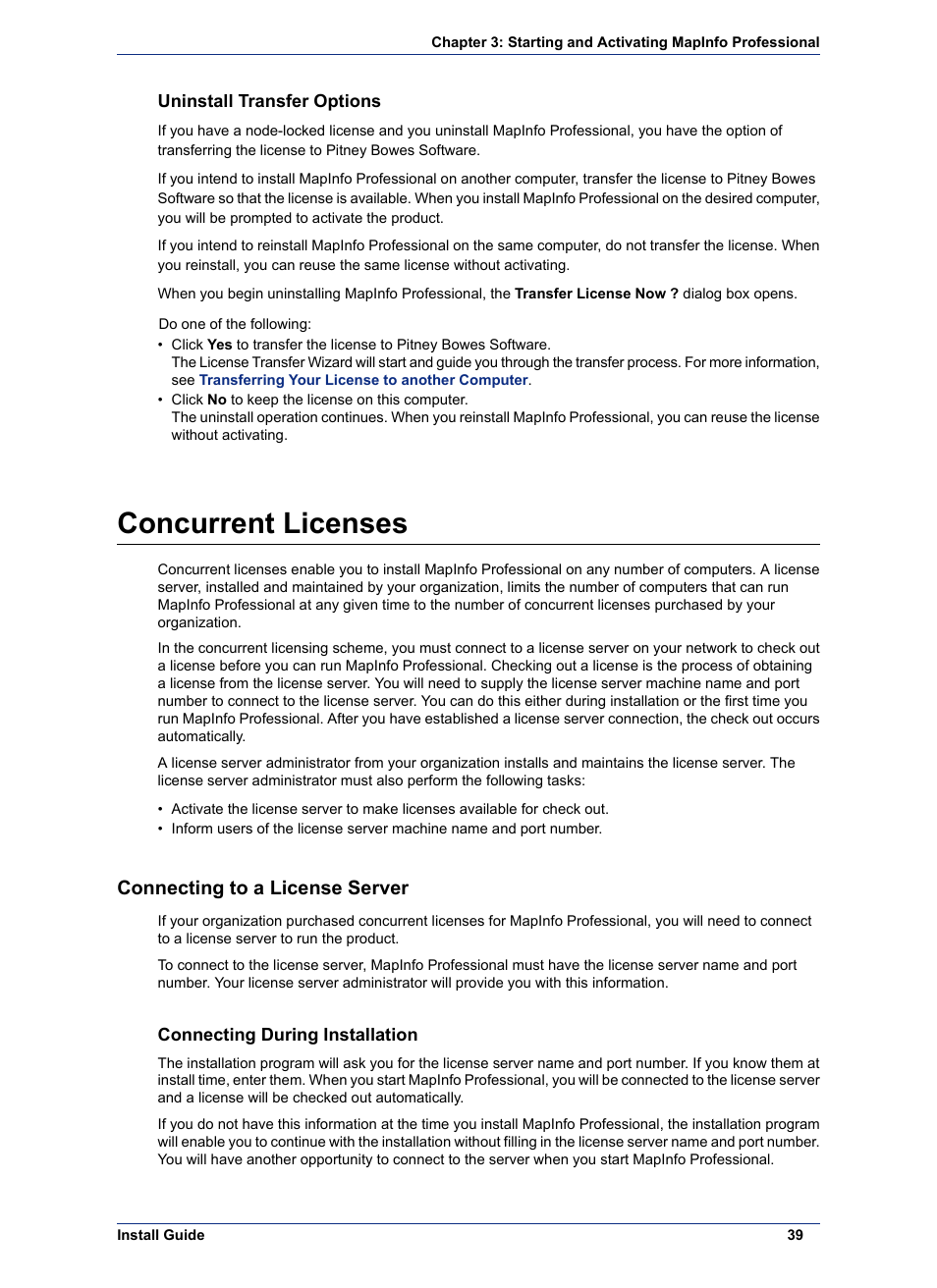 Uninstall transfer options, Concurrent licenses, Connecting to a license server | Connecting during installation | Pitney Bowes MapInfo Professional User Manual | Page 39 / 68