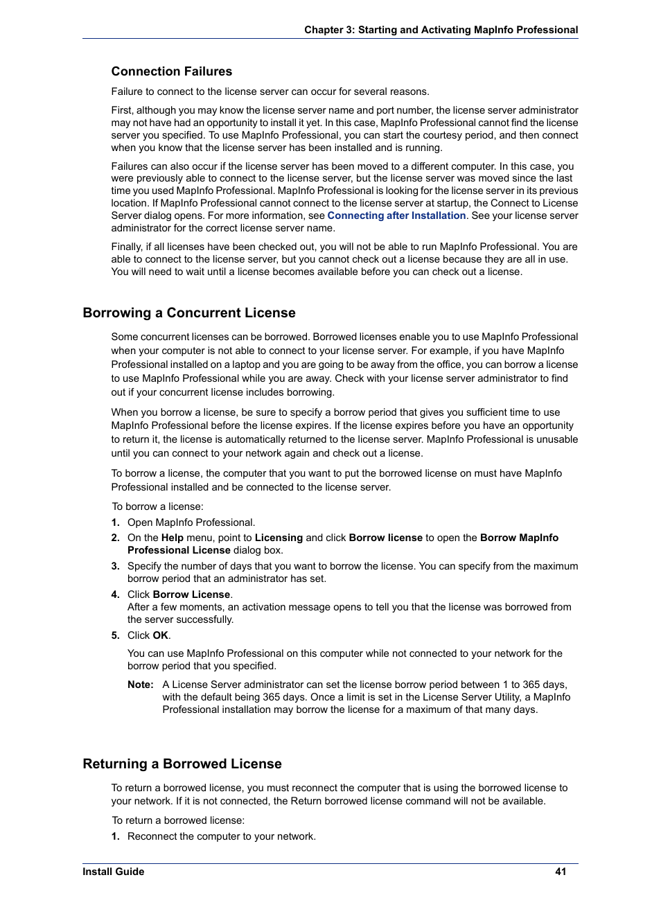 Connection failures, Borrowing a concurrent license, Returning a borrowed license | Pitney Bowes MapInfo Professional User Manual | Page 41 / 68