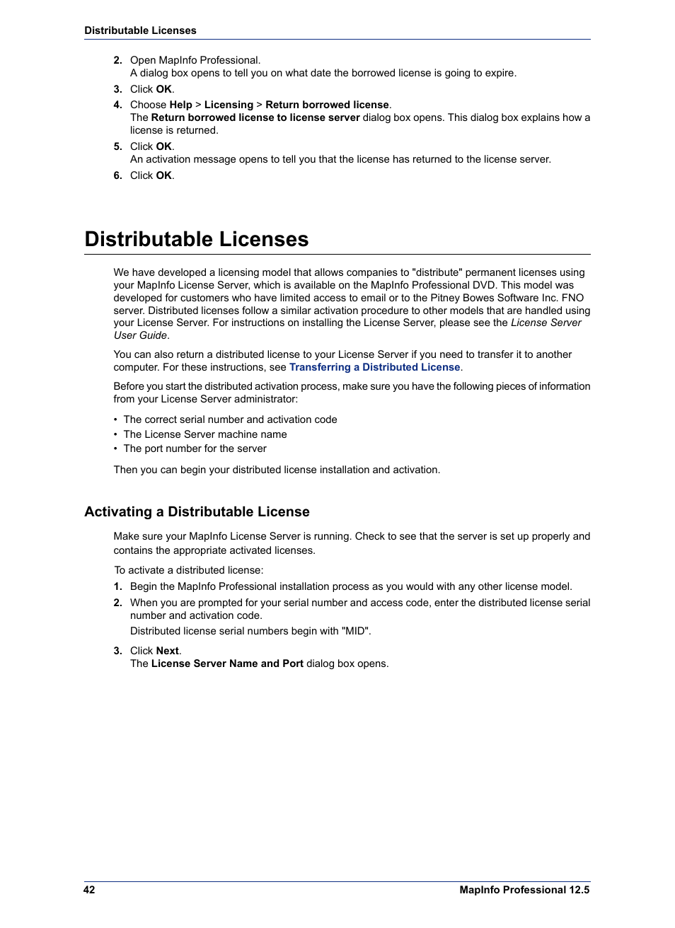 Distributable licenses, Activating a distributable license | Pitney Bowes MapInfo Professional User Manual | Page 42 / 68