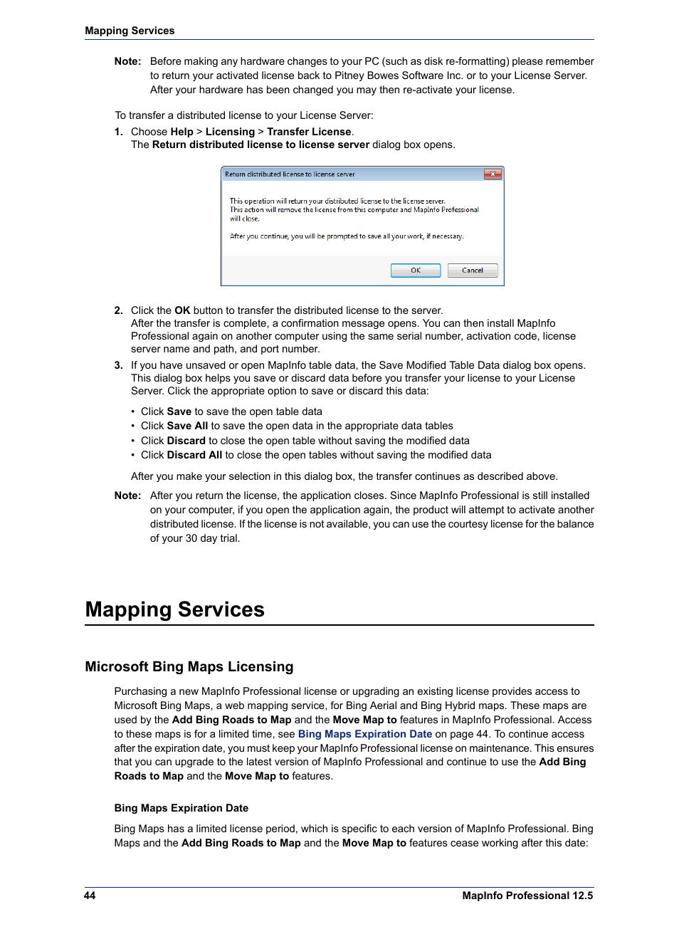 Mapping services, Microsoft bing maps licensing | Pitney Bowes MapInfo Professional User Manual | Page 44 / 68