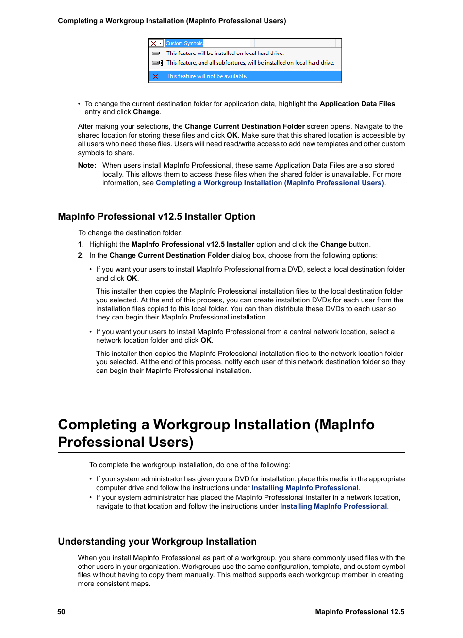 Mapinfo professional v12.5 installer option, Understanding your workgroup installation | Pitney Bowes MapInfo Professional User Manual | Page 50 / 68