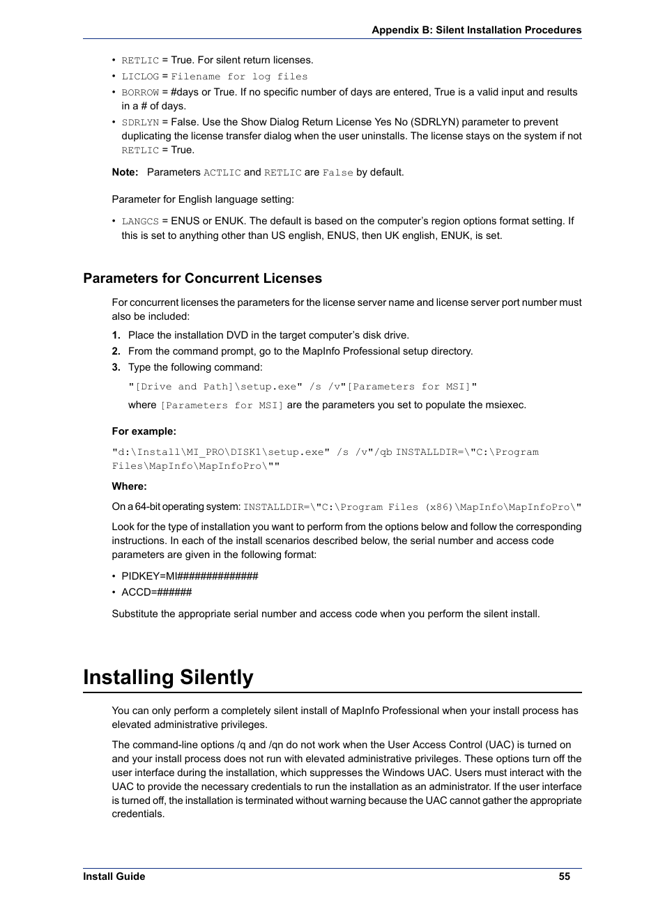 Parameters for concurrent licenses, Installing silently | Pitney Bowes MapInfo Professional User Manual | Page 55 / 68