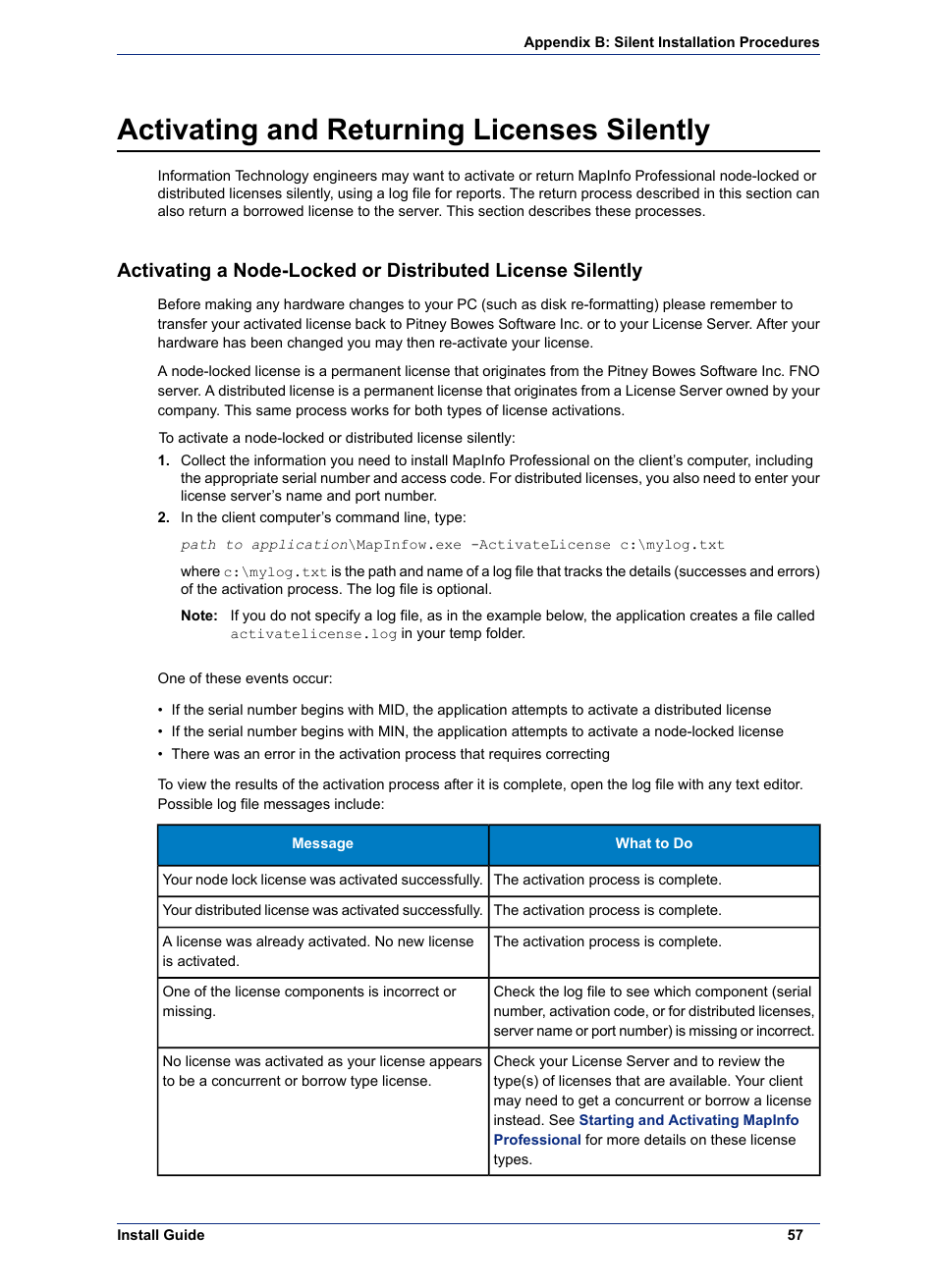 Activating and returning licenses silently | Pitney Bowes MapInfo Professional User Manual | Page 57 / 68