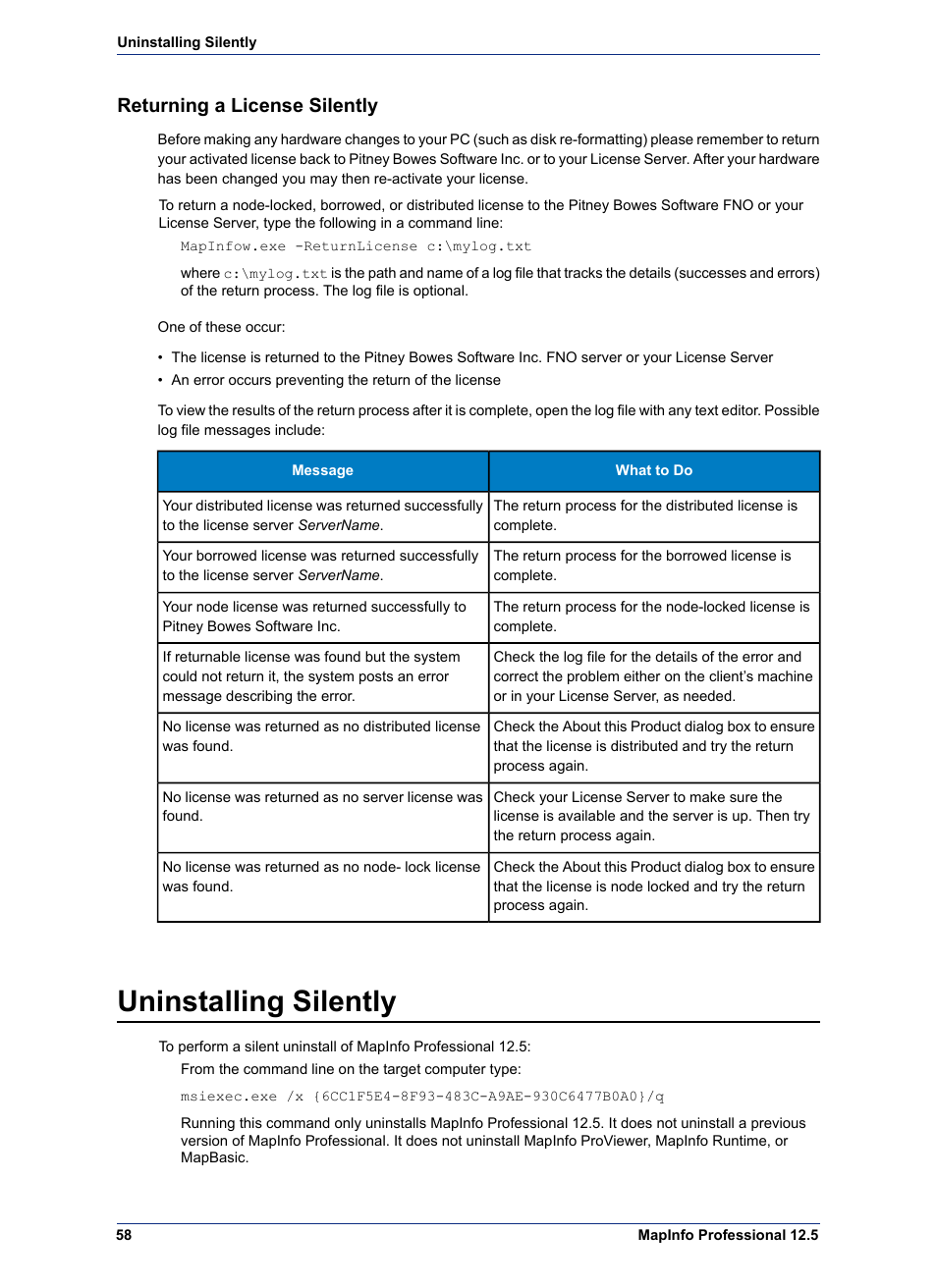 Returning a license silently, Uninstalling silently | Pitney Bowes MapInfo Professional User Manual | Page 58 / 68