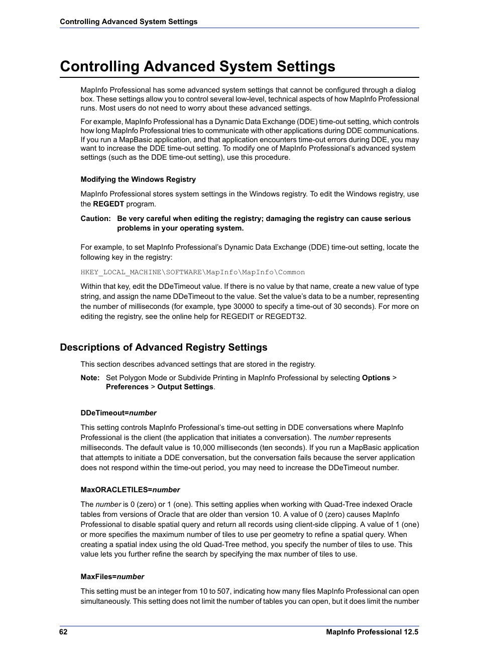 Controlling advanced system settings, Descriptions of advanced registry settings | Pitney Bowes MapInfo Professional User Manual | Page 62 / 68