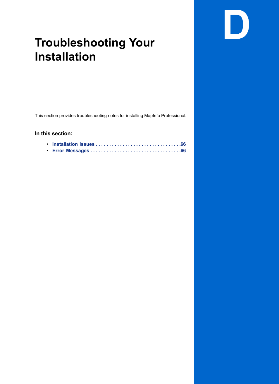 Troubleshooting your installation, Appendix d: troubleshooting your installation | Pitney Bowes MapInfo Professional User Manual | Page 65 / 68