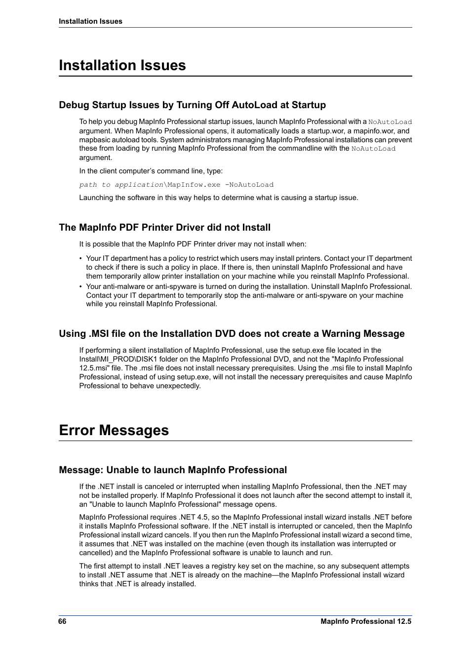 Installation issues, The mapinfo pdf printer driver did not install, Error messages | Message: unable to launch mapinfo professional, Message | Pitney Bowes MapInfo Professional User Manual | Page 66 / 68