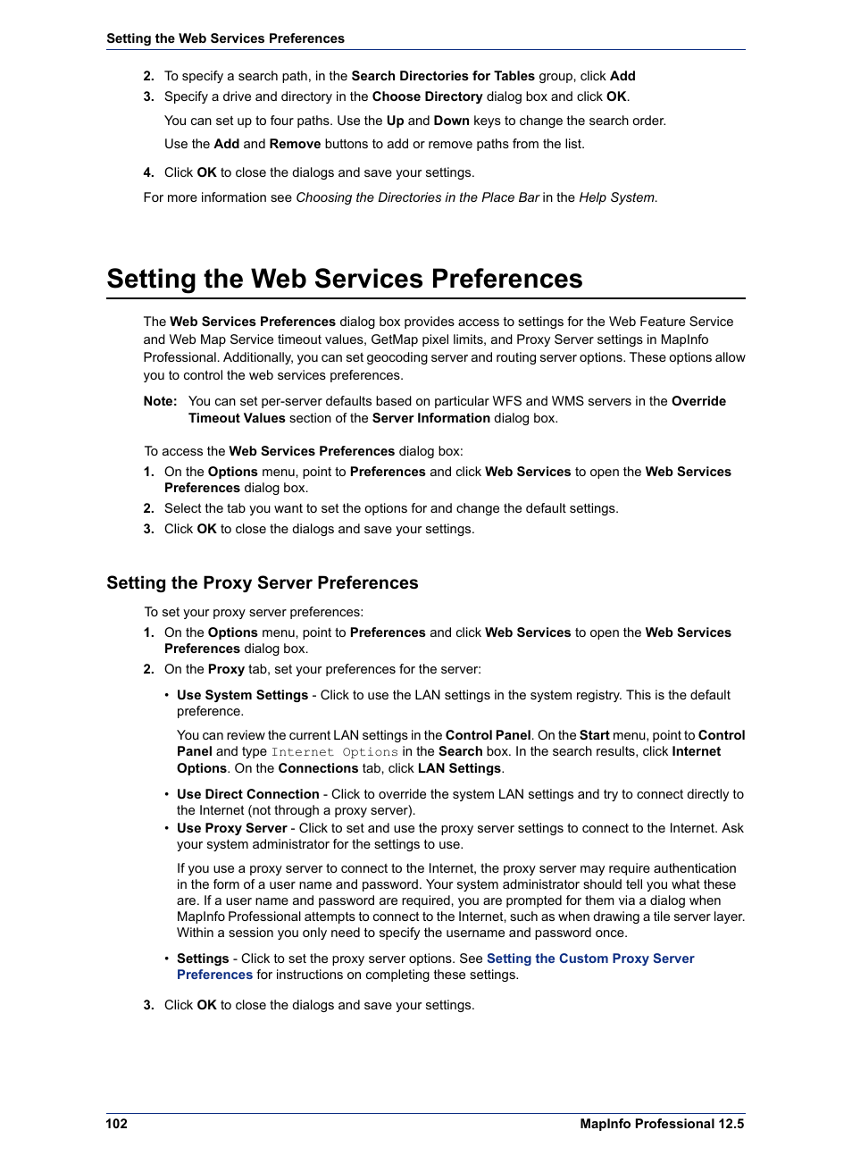 Setting the web services preferences, Setting the proxy server preferences | Pitney Bowes MapInfo Professional User Manual | Page 102 / 540
