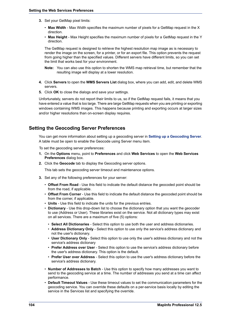 Setting the geocoding server preferences | Pitney Bowes MapInfo Professional User Manual | Page 104 / 540