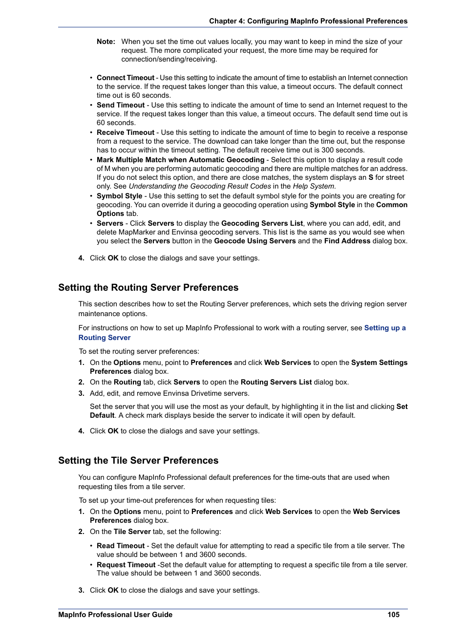 Setting the routing server preferences, Setting the tile server preferences | Pitney Bowes MapInfo Professional User Manual | Page 105 / 540