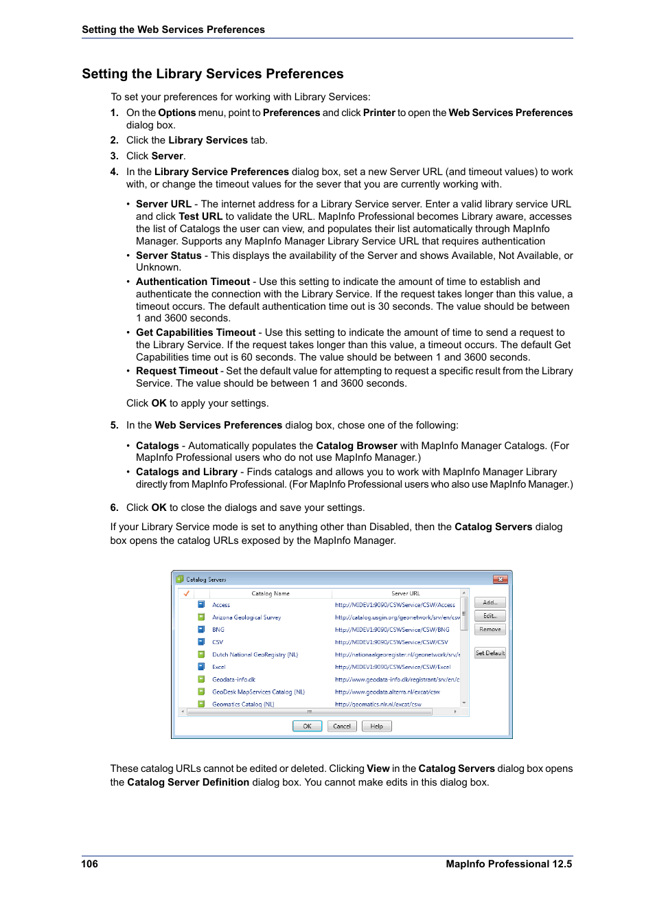 Setting the library services preferences | Pitney Bowes MapInfo Professional User Manual | Page 106 / 540