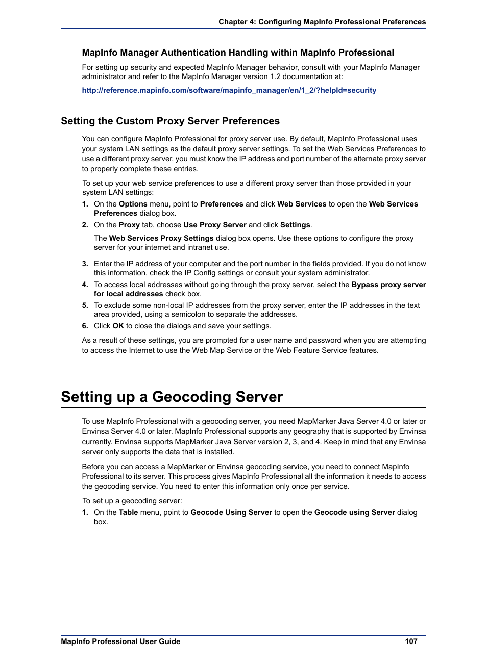 Setting the custom proxy server preferences, Setting up a geocoding server | Pitney Bowes MapInfo Professional User Manual | Page 107 / 540