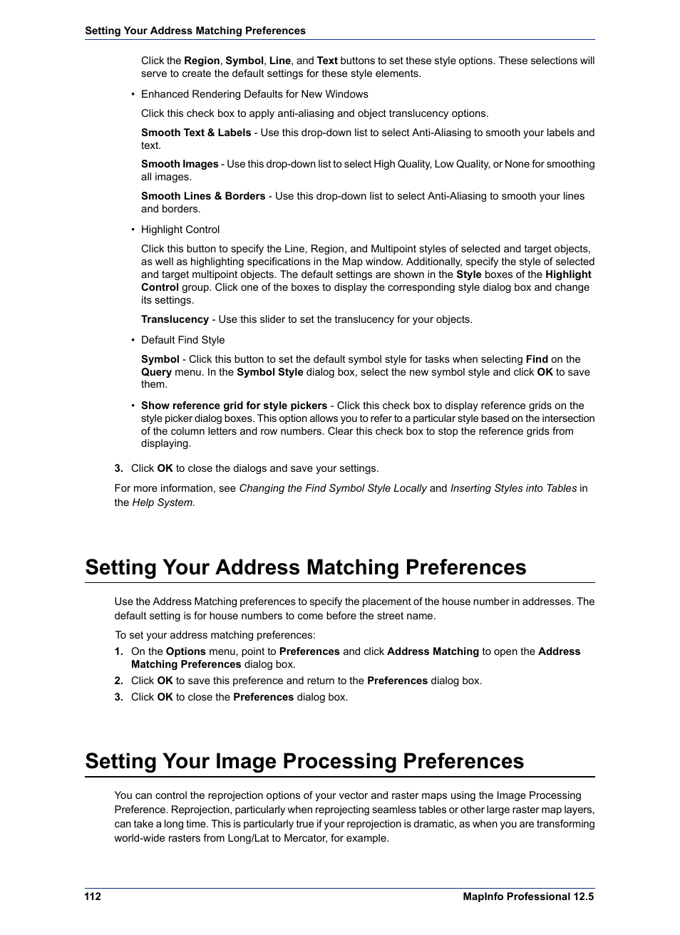 Setting your address matching preferences, Setting your image processing preferences | Pitney Bowes MapInfo Professional User Manual | Page 112 / 540