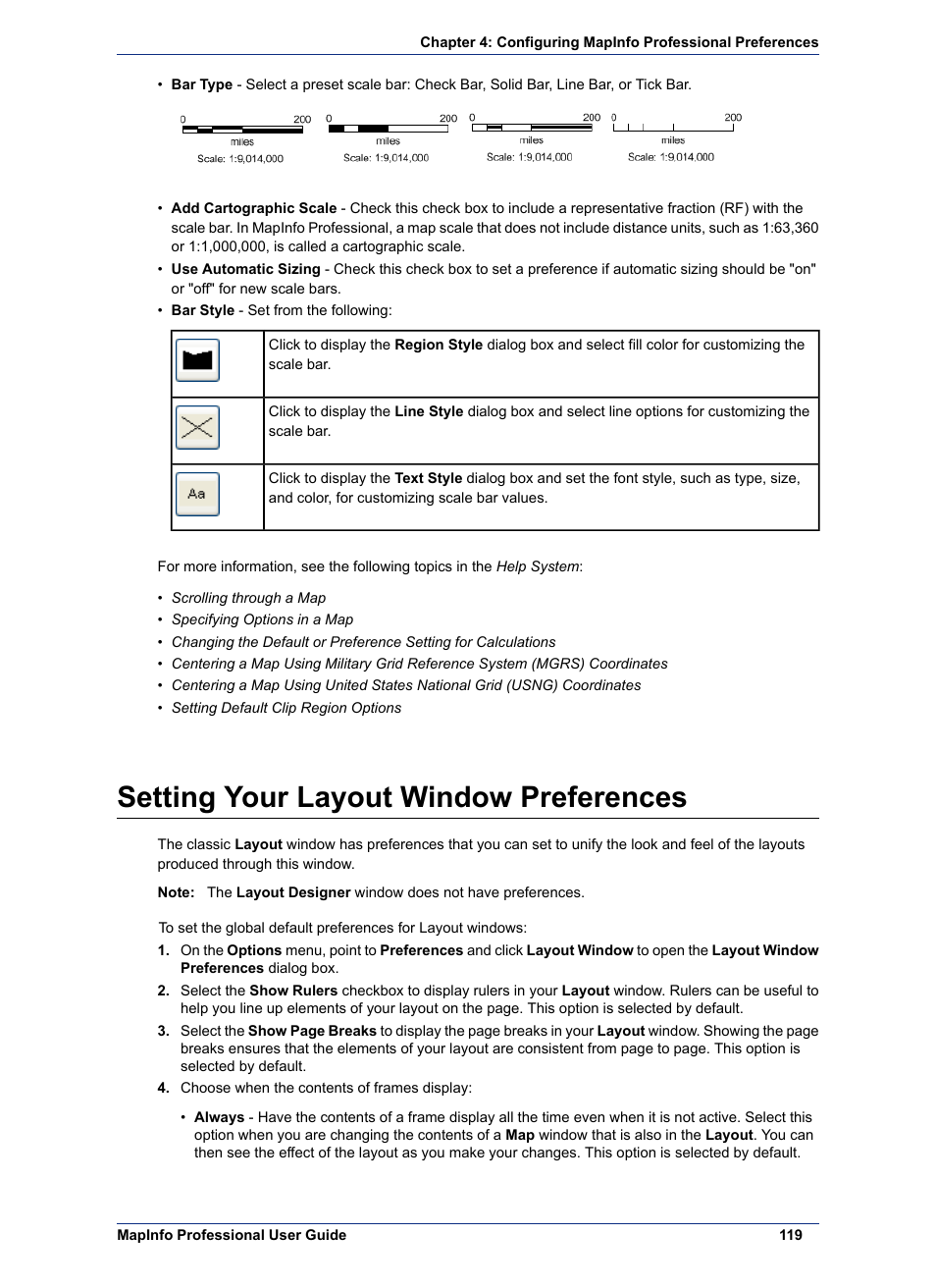 Setting your layout window preferences | Pitney Bowes MapInfo Professional User Manual | Page 119 / 540