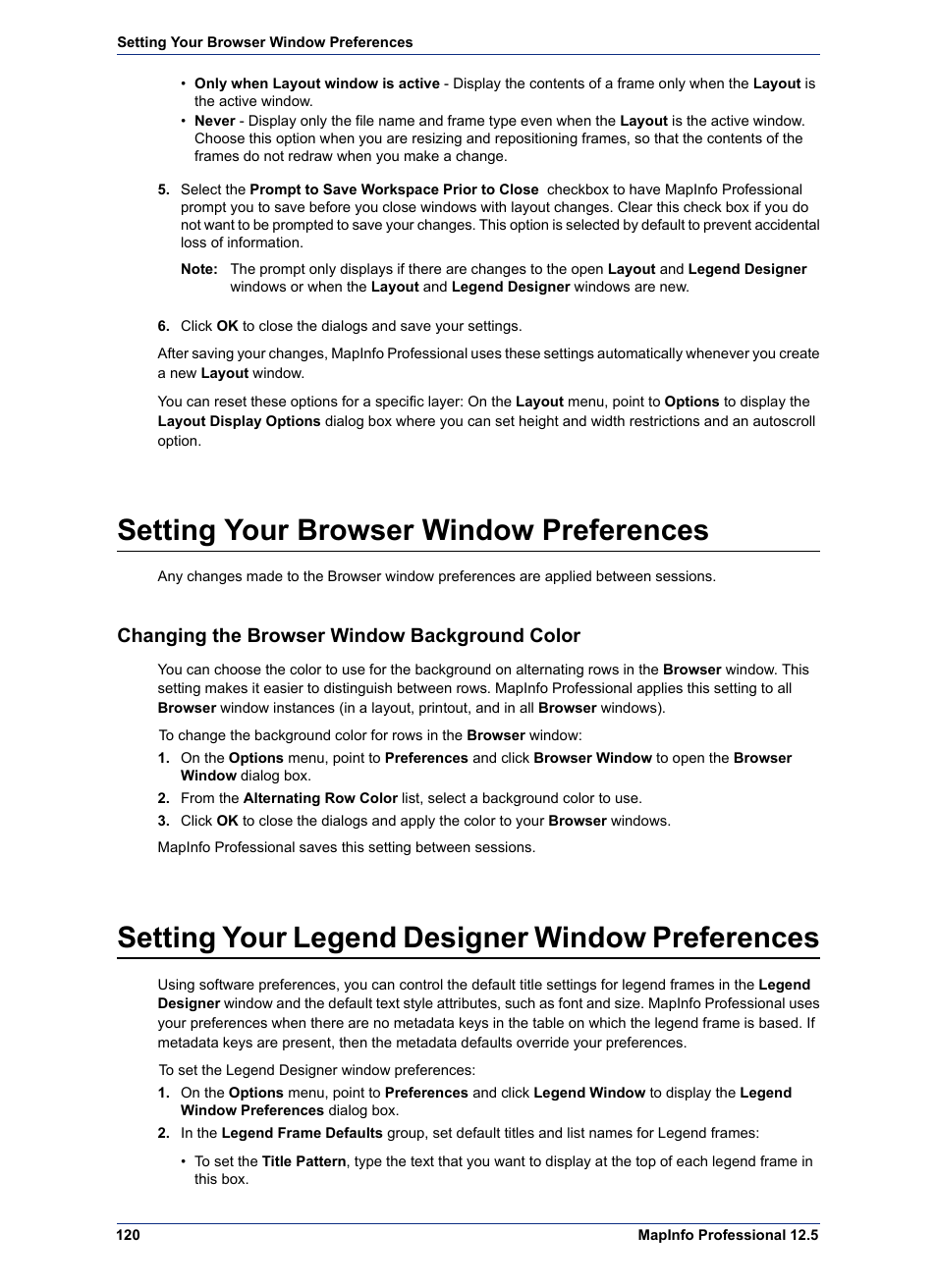 Setting your browser window preferences, Changing the browser window background color, Setting your legend designer window preferences | Pitney Bowes MapInfo Professional User Manual | Page 120 / 540
