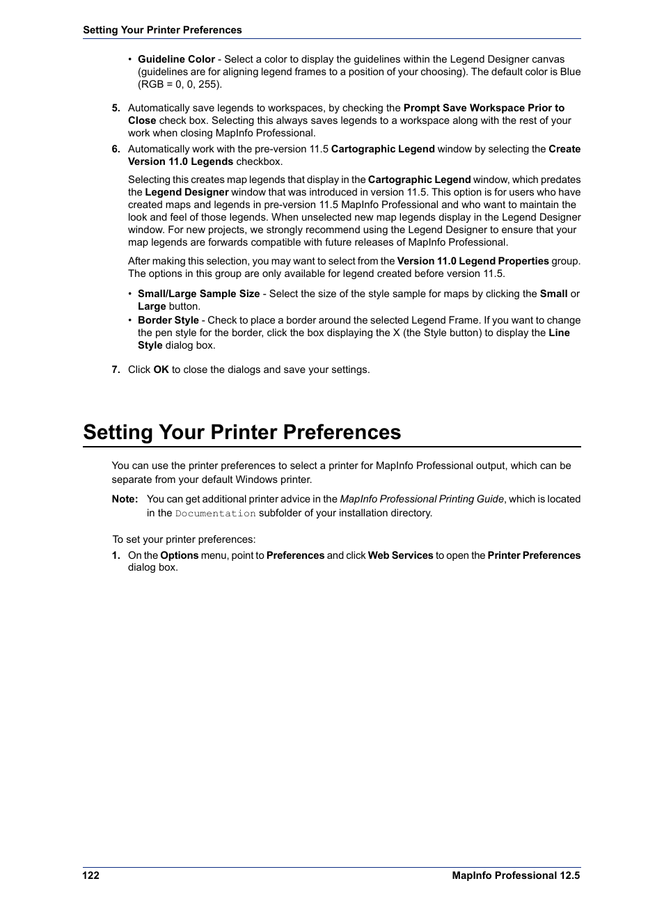 Setting your printer preferences | Pitney Bowes MapInfo Professional User Manual | Page 122 / 540