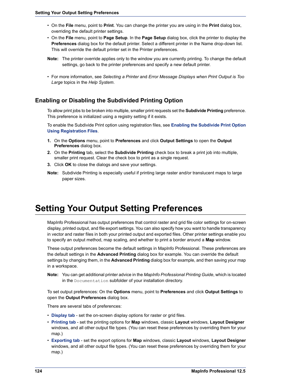 Setting your output setting preferences | Pitney Bowes MapInfo Professional User Manual | Page 124 / 540