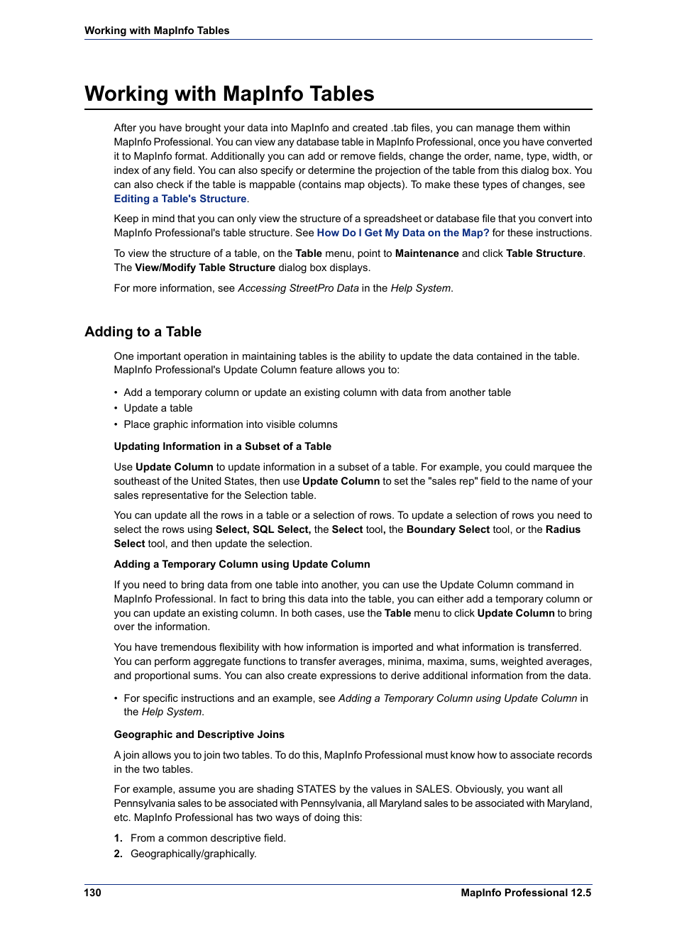Working with mapinfo tables, Adding to a table | Pitney Bowes MapInfo Professional User Manual | Page 130 / 540