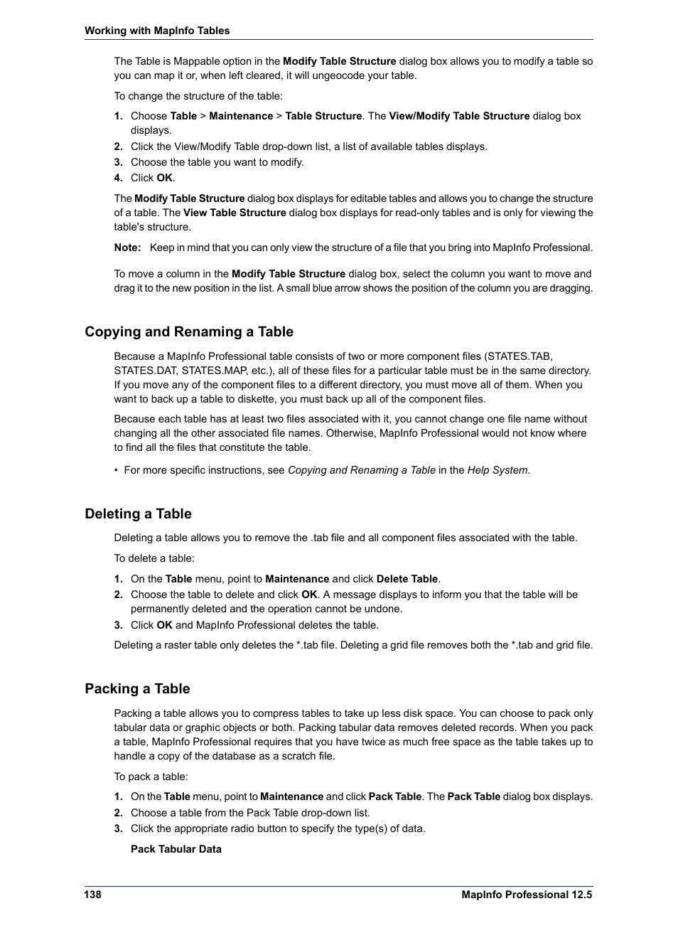 Copying and renaming a table, Deleting a table, Packing a table | Pitney Bowes MapInfo Professional User Manual | Page 138 / 540