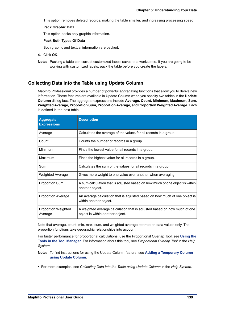 Collecting data into the table using update column | Pitney Bowes MapInfo Professional User Manual | Page 139 / 540