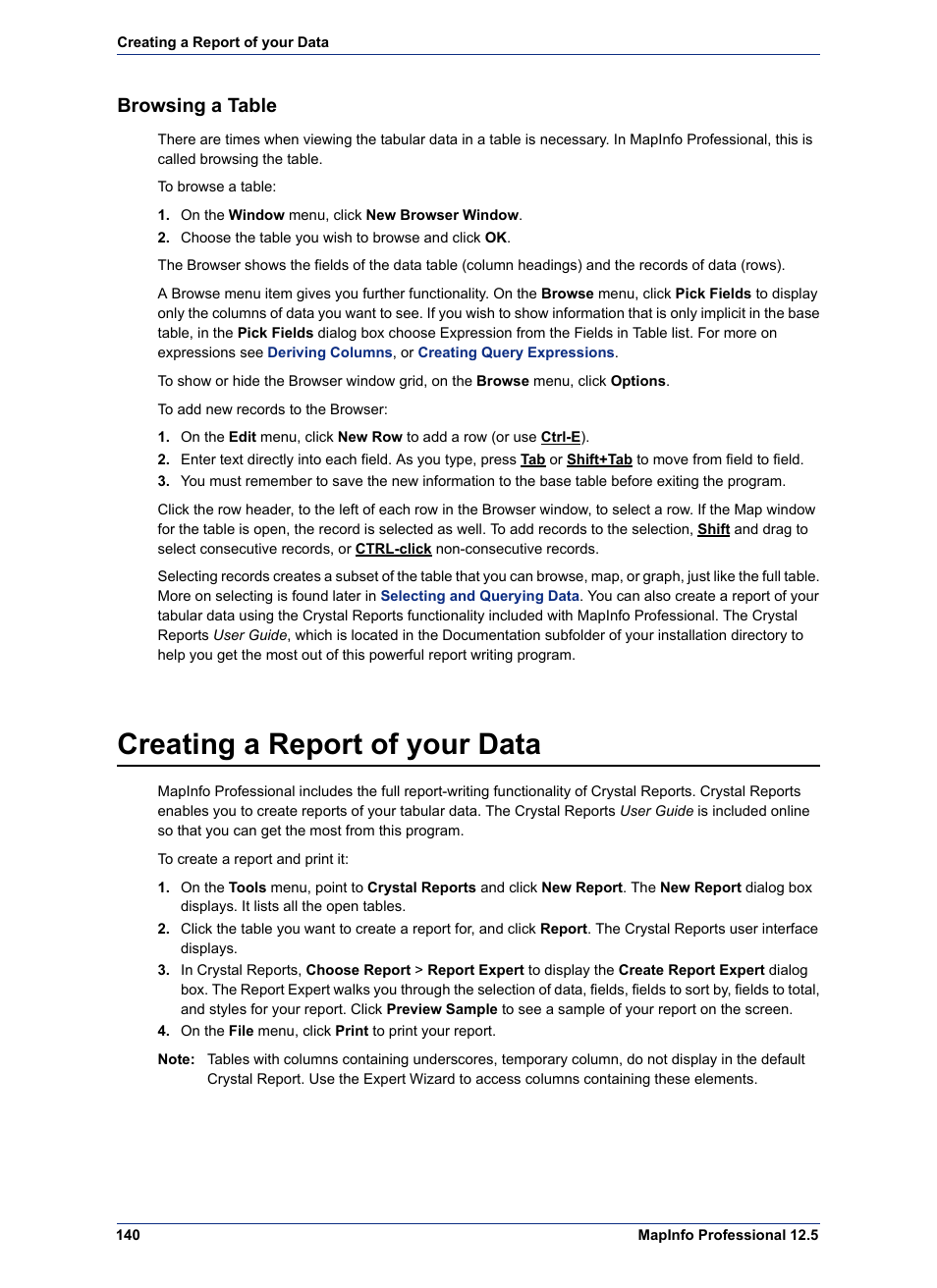 Browsing a table, Creating a report of your data | Pitney Bowes MapInfo Professional User Manual | Page 140 / 540