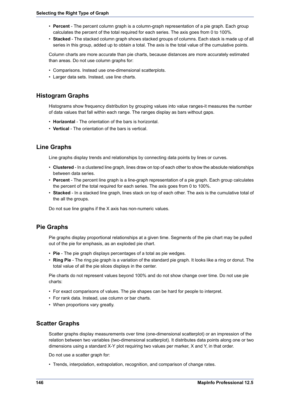 Histogram graphs, Line graphs, Pie graphs | Scatter graphs | Pitney Bowes MapInfo Professional User Manual | Page 146 / 540