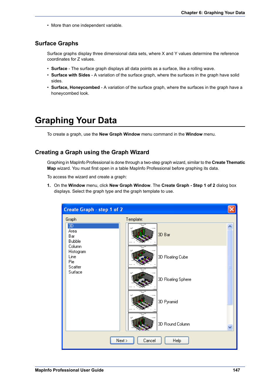 Surface graphs, Graphing your data, Creating a graph using the graph wizard | Pitney Bowes MapInfo Professional User Manual | Page 147 / 540