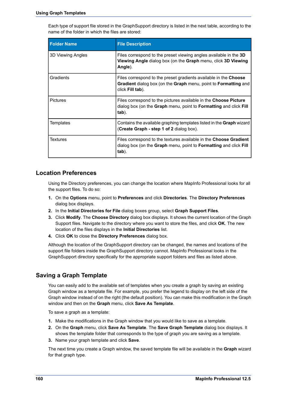 Location preferences, Saving a graph template | Pitney Bowes MapInfo Professional User Manual | Page 160 / 540