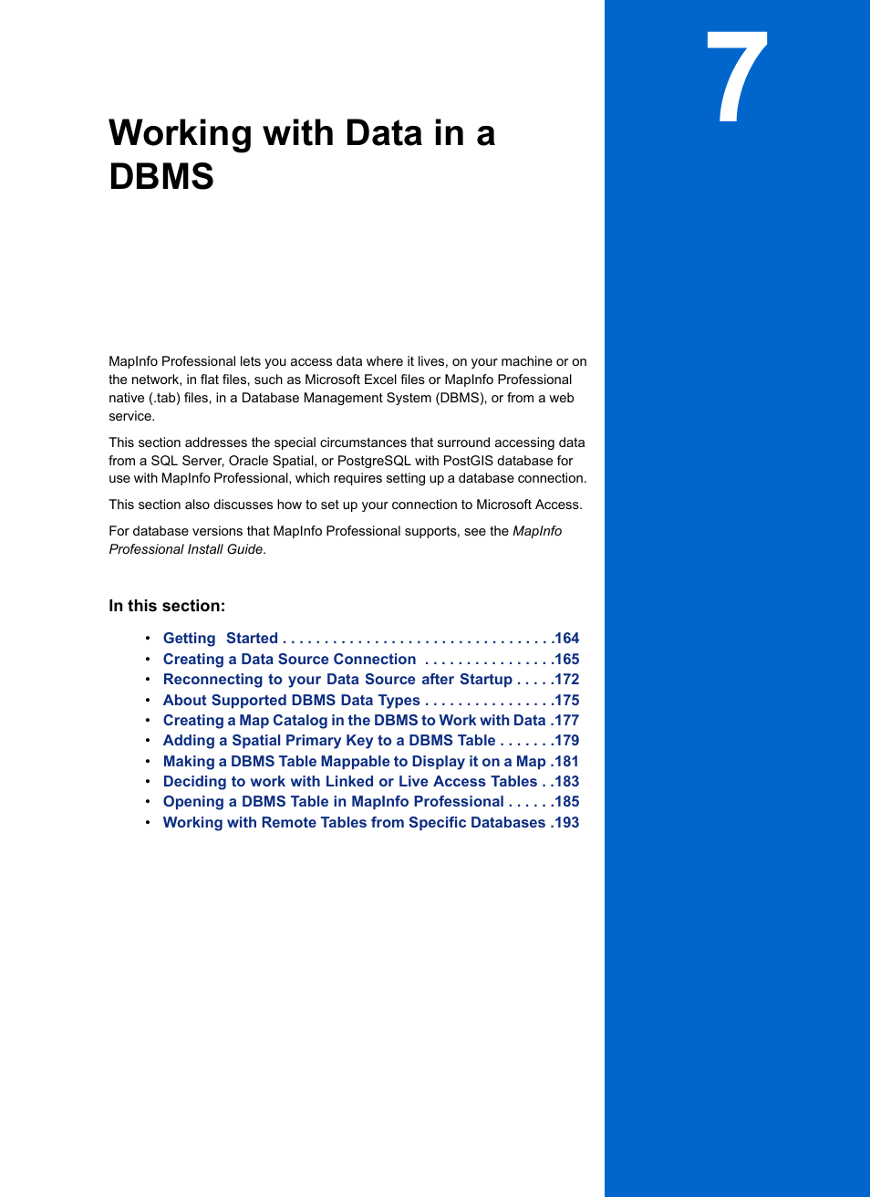 Working with data in a dbms, Chapter 7: working with data in a dbms | Pitney Bowes MapInfo Professional User Manual | Page 163 / 540