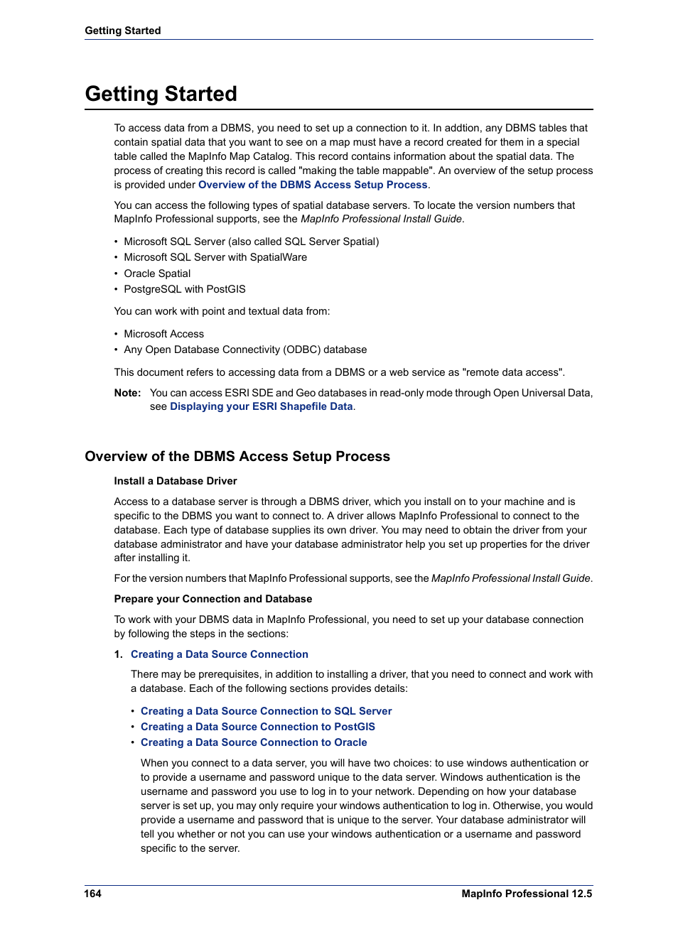 Getting started, Overview of the dbms access setup process, Getting | Started | Pitney Bowes MapInfo Professional User Manual | Page 164 / 540