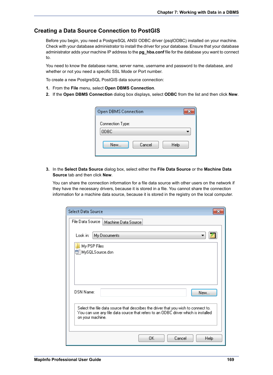 Creating a data source connection to postgis | Pitney Bowes MapInfo Professional User Manual | Page 169 / 540