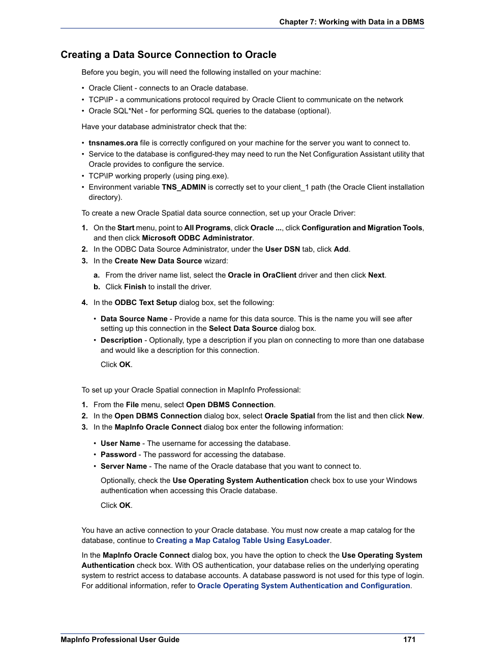 Creating a data source connection to oracle | Pitney Bowes MapInfo Professional User Manual | Page 171 / 540
