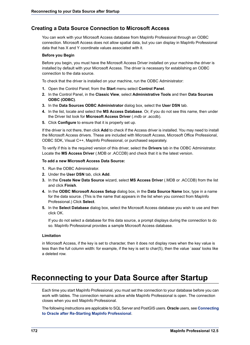 Reconnecting to your data source after startup | Pitney Bowes MapInfo Professional User Manual | Page 172 / 540