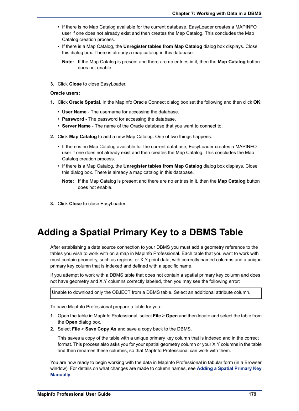 Adding a spatial primary key to a dbms table | Pitney Bowes MapInfo Professional User Manual | Page 179 / 540
