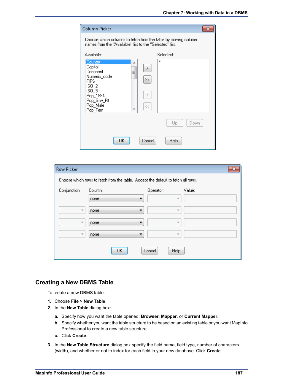 Creating a new dbms table | Pitney Bowes MapInfo Professional User Manual | Page 187 / 540