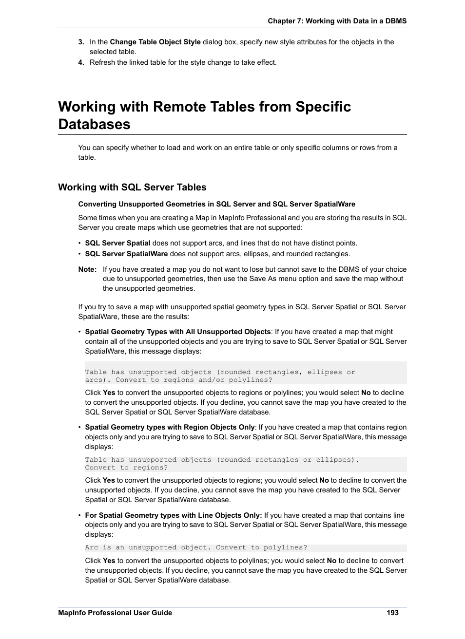 Working with remote tables from specific databases, Working with sql server tables | Pitney Bowes MapInfo Professional User Manual | Page 193 / 540