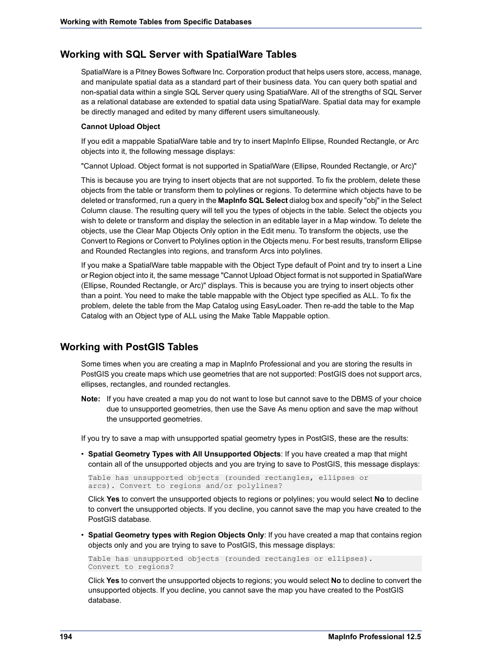 Working with sql server with spatialware tables, Working with postgis tables | Pitney Bowes MapInfo Professional User Manual | Page 194 / 540