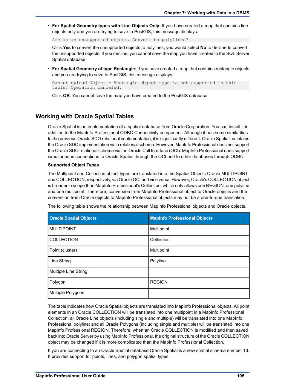 Working with oracle spatial tables | Pitney Bowes MapInfo Professional User Manual | Page 195 / 540