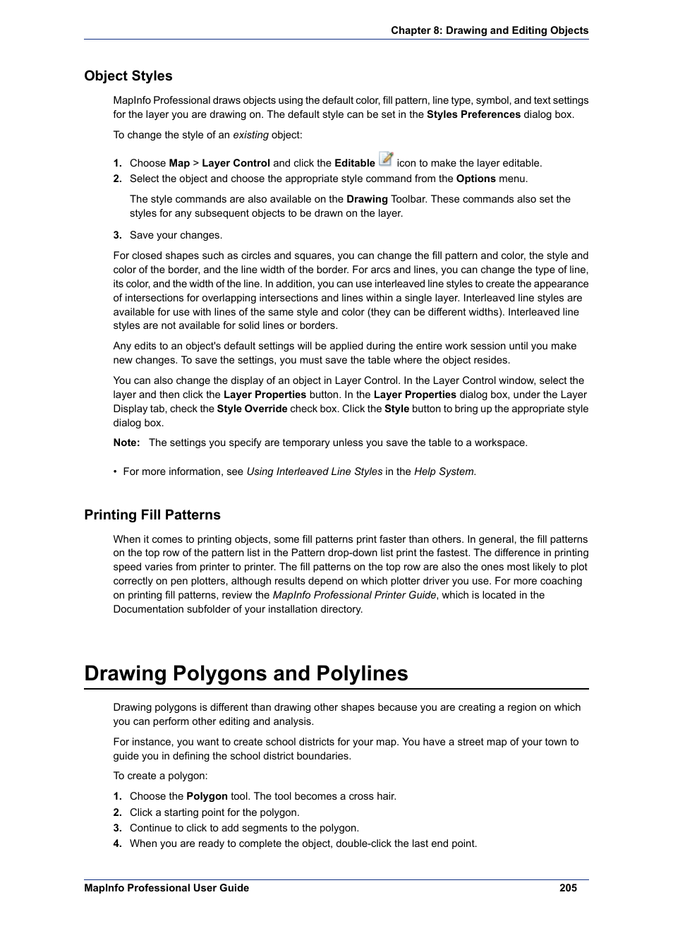 Object styles, Printing fill patterns, Drawing polygons and polylines | Pitney Bowes MapInfo Professional User Manual | Page 205 / 540