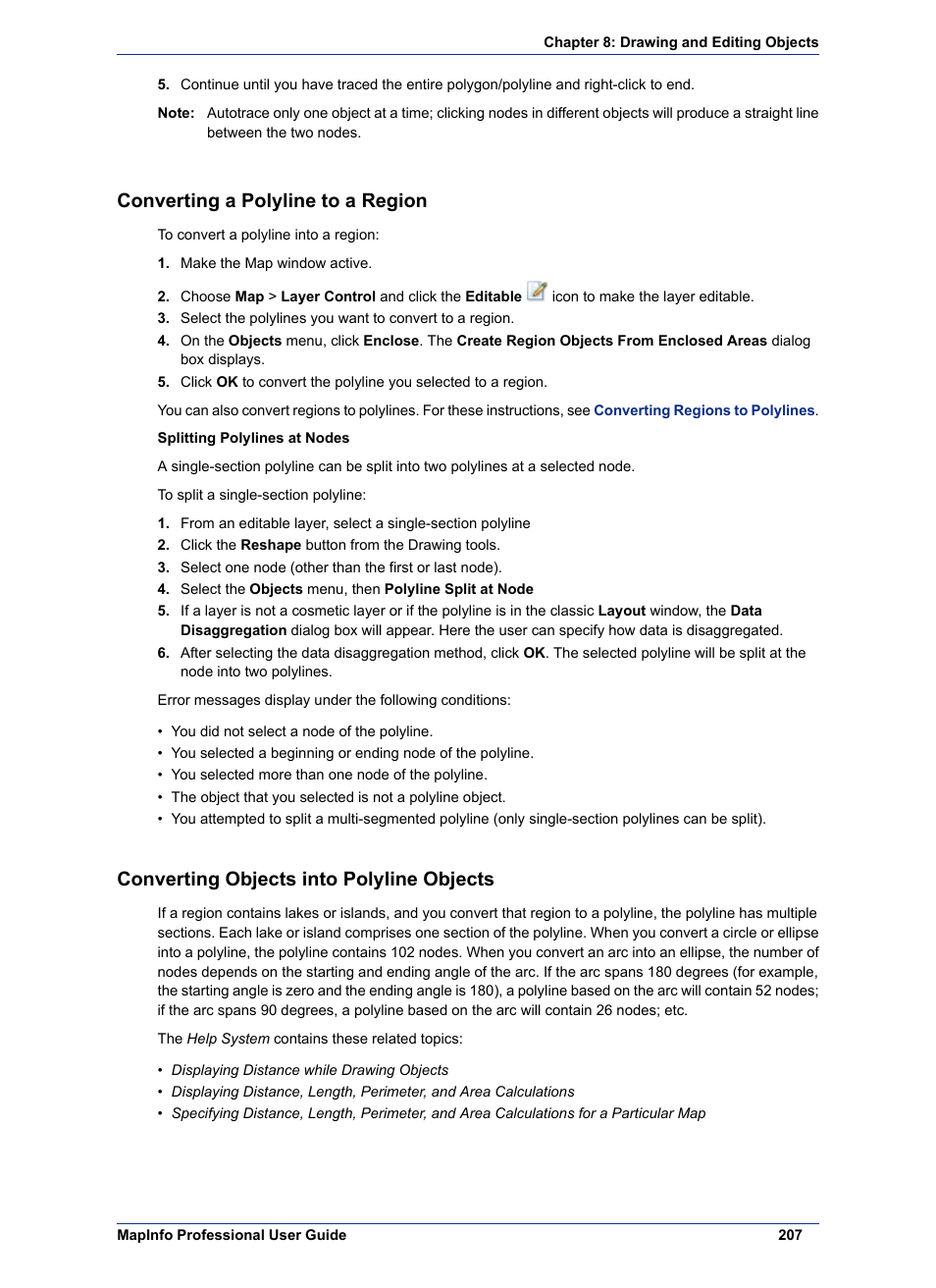 Converting a polyline to a region, Converting objects into polyline objects | Pitney Bowes MapInfo Professional User Manual | Page 207 / 540