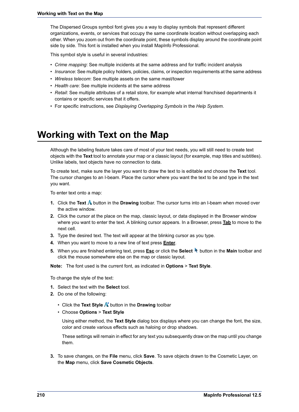 Working with text on the map | Pitney Bowes MapInfo Professional User Manual | Page 210 / 540