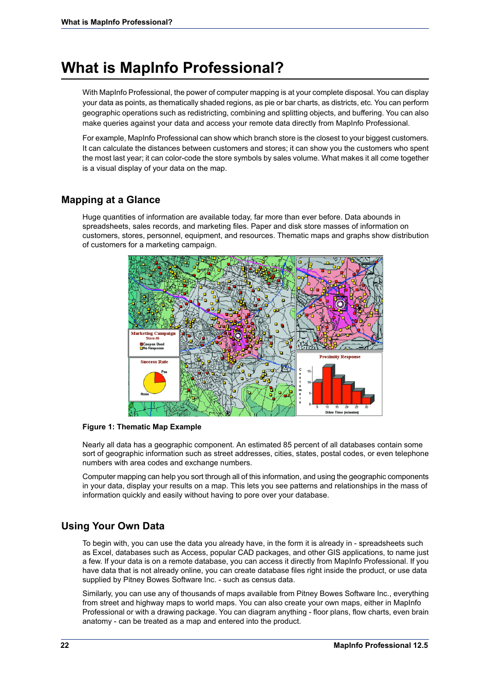 What is mapinfo professional, Mapping at a glance, Using your own data | Pitney Bowes MapInfo Professional User Manual | Page 22 / 540