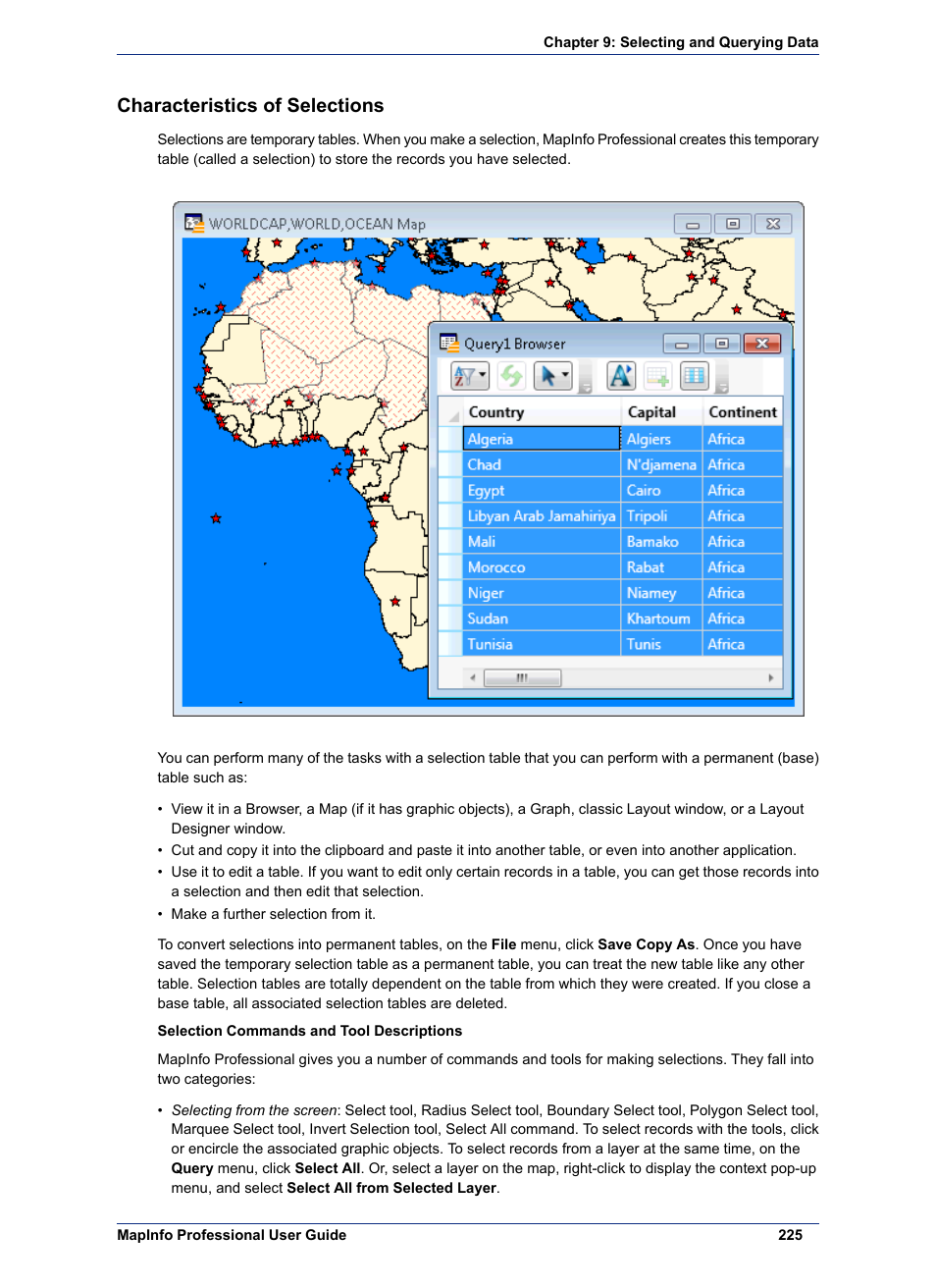 Characteristics of selections | Pitney Bowes MapInfo Professional User Manual | Page 225 / 540