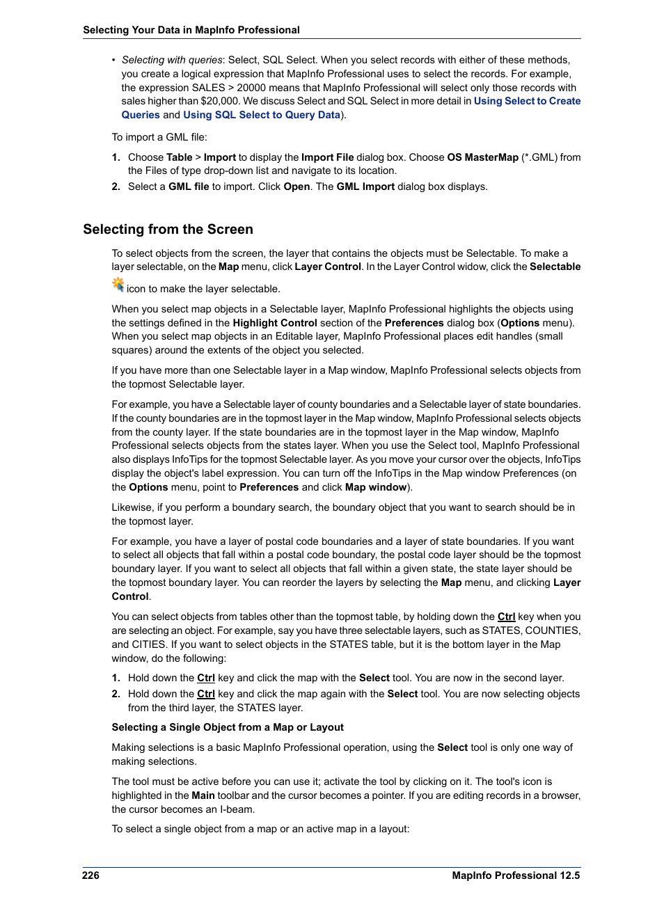 Selecting from the screen | Pitney Bowes MapInfo Professional User Manual | Page 226 / 540