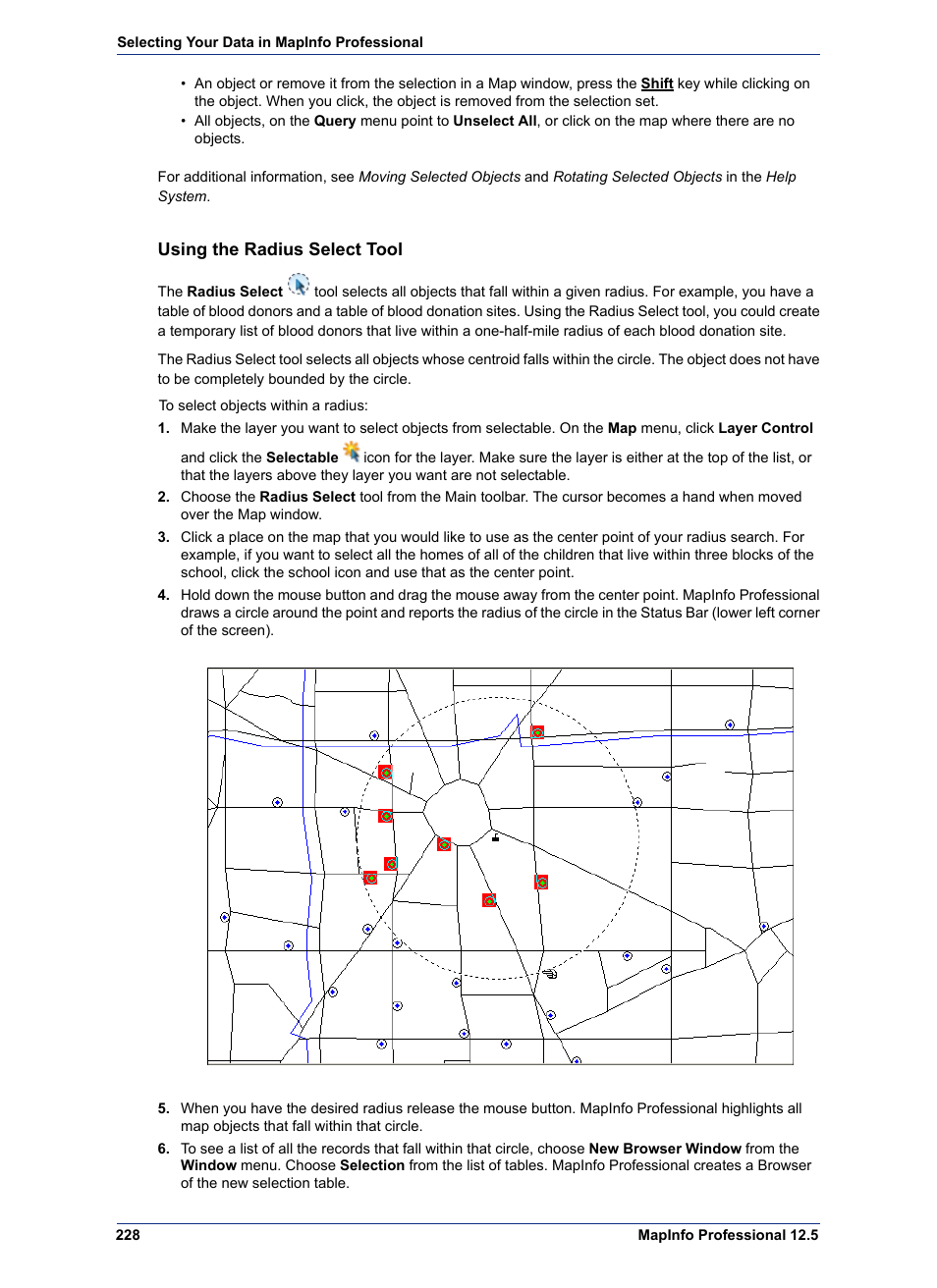 Using the radius select tool | Pitney Bowes MapInfo Professional User Manual | Page 228 / 540