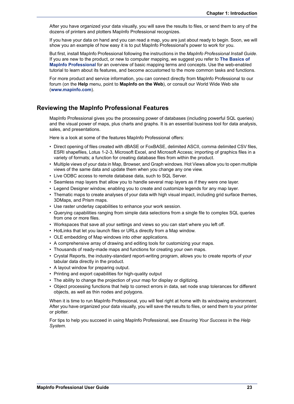 Reviewing the mapinfo professional features | Pitney Bowes MapInfo Professional User Manual | Page 23 / 540
