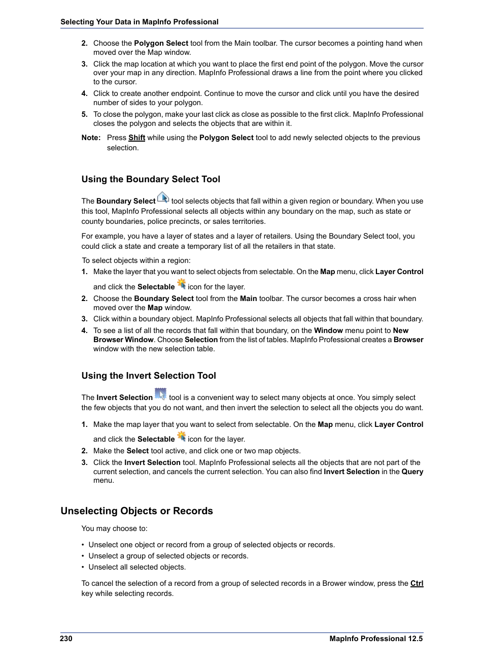 Using the boundary select tool, Using the invert selection tool, Unselecting objects or records | Pitney Bowes MapInfo Professional User Manual | Page 230 / 540