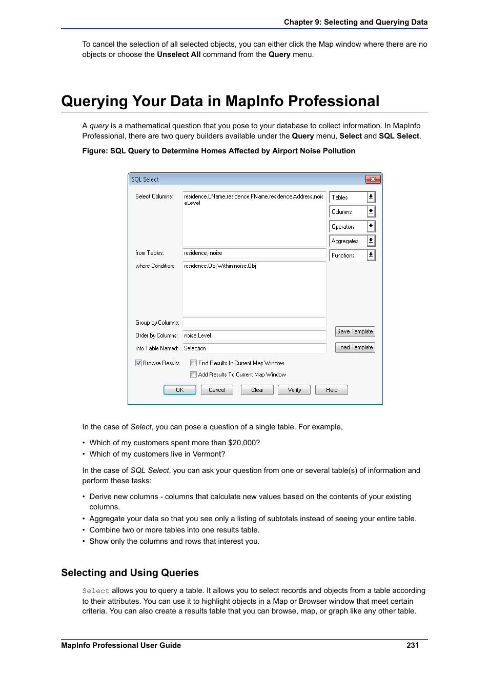 Querying your data in mapinfo professional, Selecting and using queries | Pitney Bowes MapInfo Professional User Manual | Page 231 / 540
