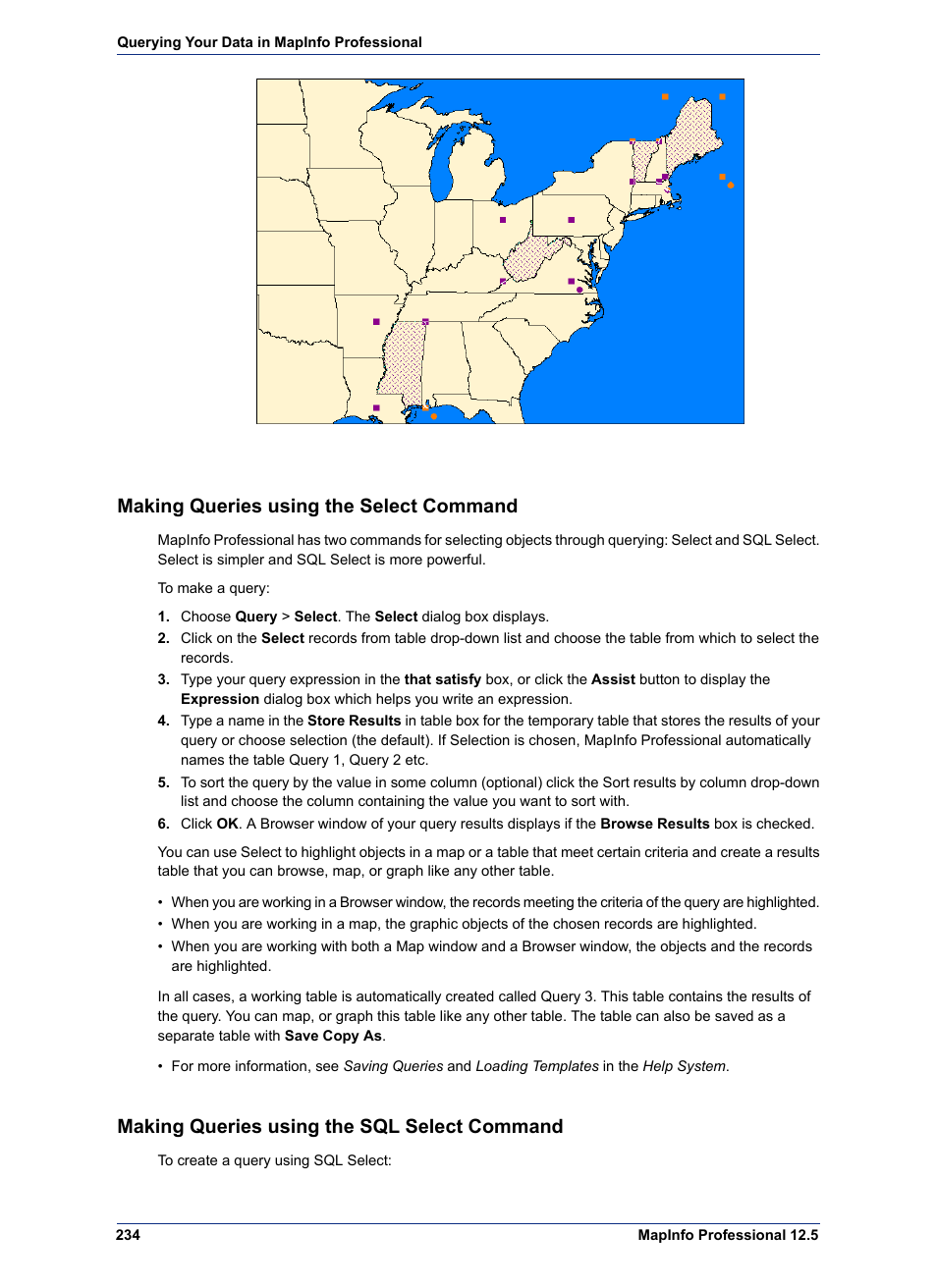 Making queries using the select command, Making queries using the sql select command | Pitney Bowes MapInfo Professional User Manual | Page 234 / 540