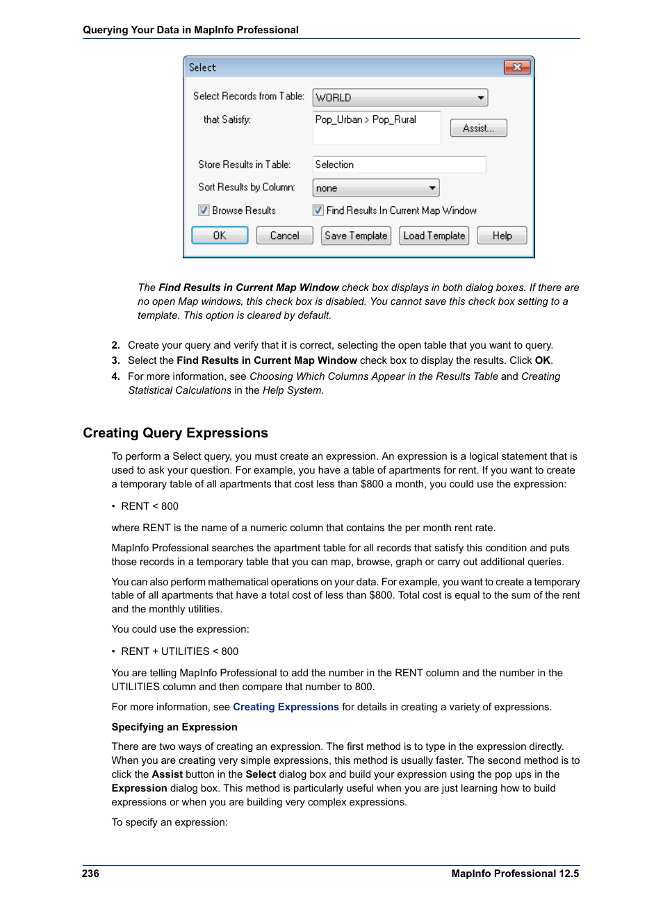 Creating query expressions | Pitney Bowes MapInfo Professional User Manual | Page 236 / 540